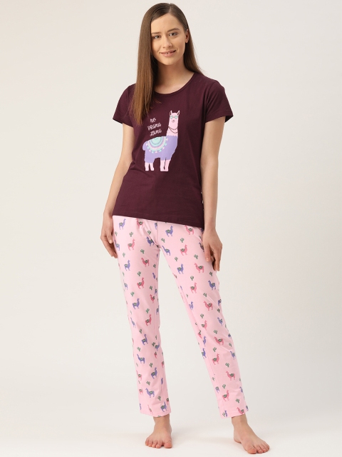 

Nite Flite Women Burgundy & Pink Printed Night Suit