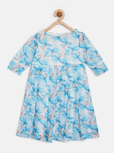 

Aomi Girls Blue & White Floral Printed Fit and Flare Dress