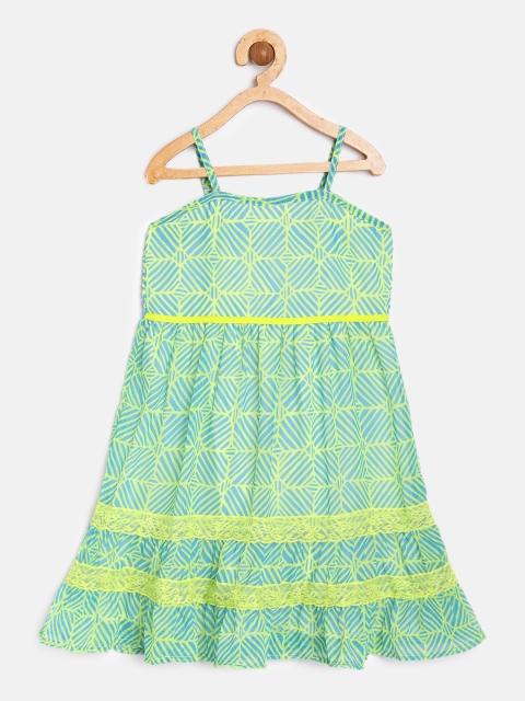 

Aomi Girls Green & Blue Printed Empire Dress