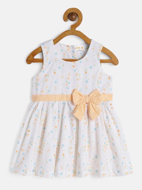 

Aomi Infant Girls White & Peach Floral Printed Fit and Flare Dress
