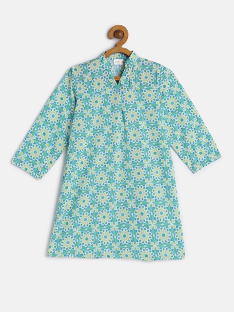 

Aomi Girls Turquoise Blue & Lime Green Floral Printed A-Line Dress