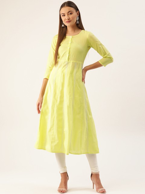 

Chinyere Women Lime Green & White Embroidered A-Line Kurta