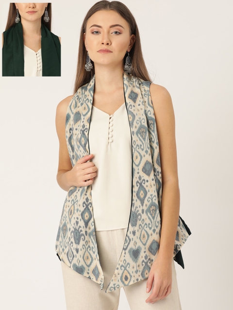 

InWeave Women Off-White & Green Ikat Print Open Front Reversible Shrug