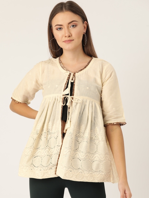 

InWeave Women Off-White Chikankari Embroidered Tie-Up Shrug