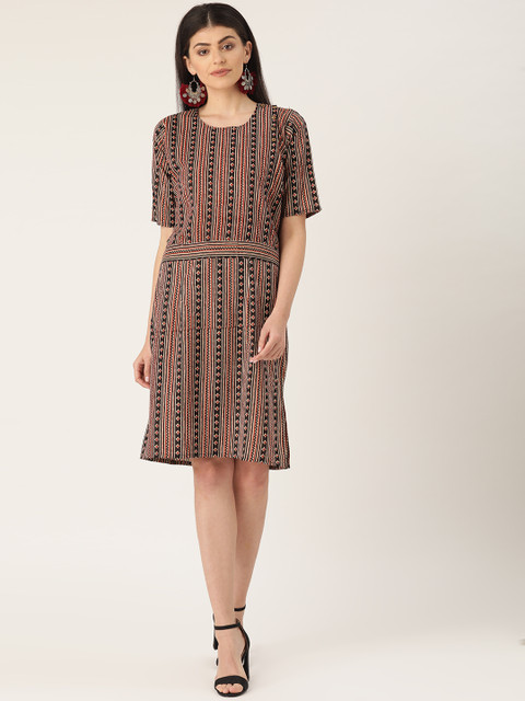

InWeave Women Black & Beige Printed A-Line Dress