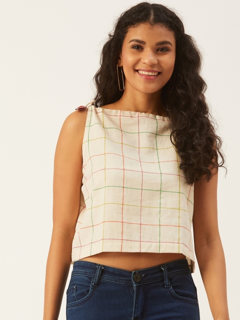 

InWeave Women Off-White & Orange Checked Cropped Boxy Pure Cotton Top