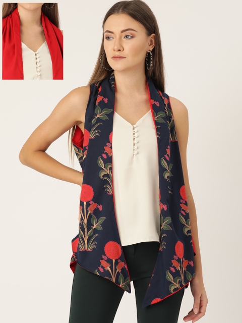 

InWeave Women Navy Blue & Red Printed Open Front Reversible Shrug