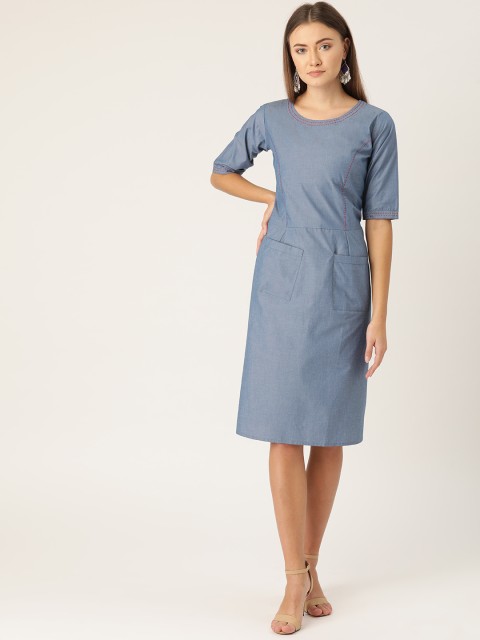 

InWeave Women Blue Solid Chambray A-Line Dress