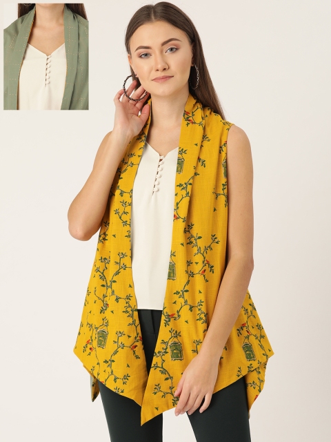 

InWeave Women Mustard Yellow & Green Printed Open Front Reversible Shrug