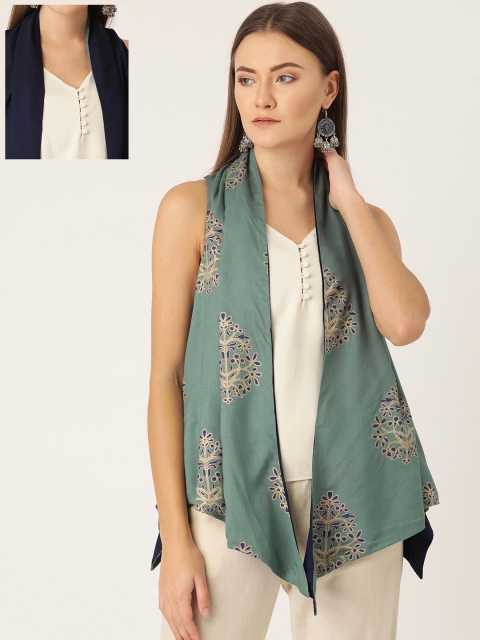 

InWeave Women Teal Green & Navy Blue Printed Open Front Reversible Shrug