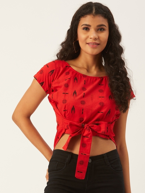 

InWeave Women Red & Black Printed High-Low Cinched Waist Top