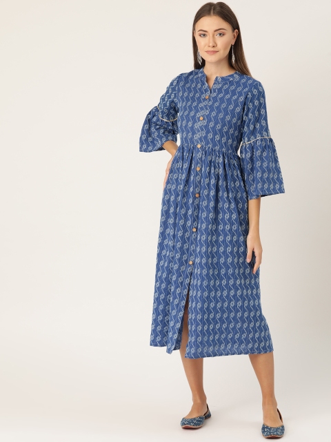 

InWeave Women Blue & White Self Design A-Line Dress