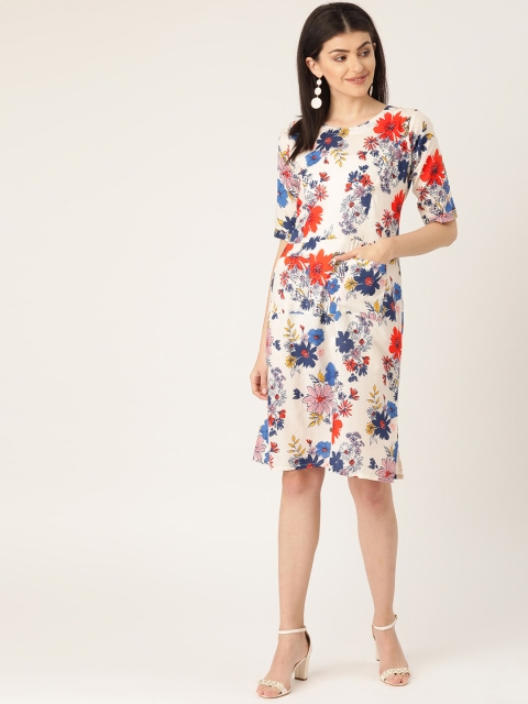 

InWeave Women Off-White & Blue Floral Printed A-Line Dress