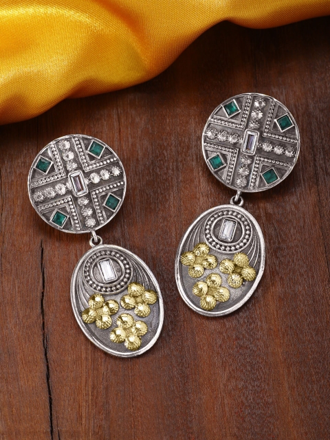 

Peora Green & Silver-Plated Afghani Oxidised Antique Geometric Drop Earrings