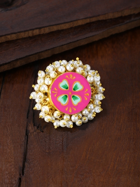 

Peora Rani Women Pink & Gold-Plated Hand Painted Enamel Meenakari Adjustable Finger Ring