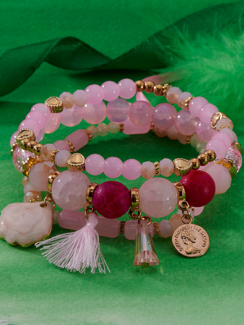 

Peora Set Of 3 Pink & Gold-Plated Charm Bracelet