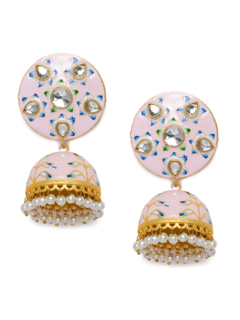 

Peora Pink & Blue Gold-Plated Meenakari Enamelled Handcrafted Kundan Dome Shaped Jhumkas