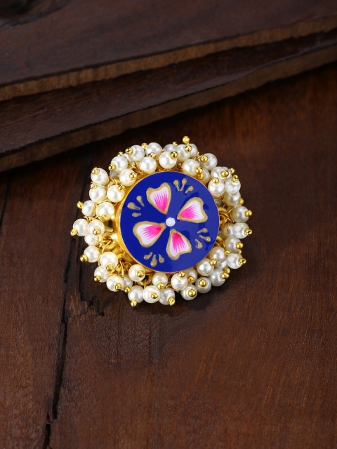 

Peora Women Gold-Plated & Royal Blue Enamel Meenakari Adjustable Finger Ring