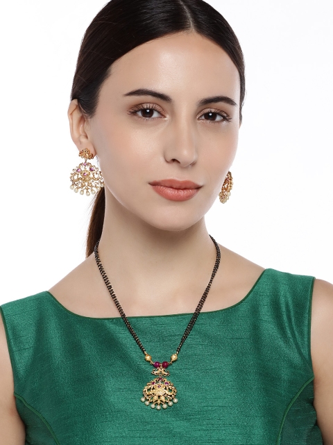 

Peora Women Gold-Plated & Black Stone-Studded Beaded Mangalsutra With Earings