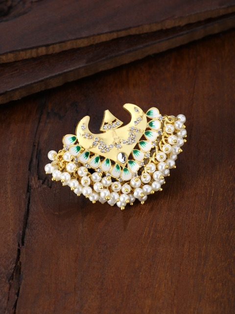 

Peora Women Gold-Plated & Cream Coloured Enamel Meenakari Adjustable Finger Ring