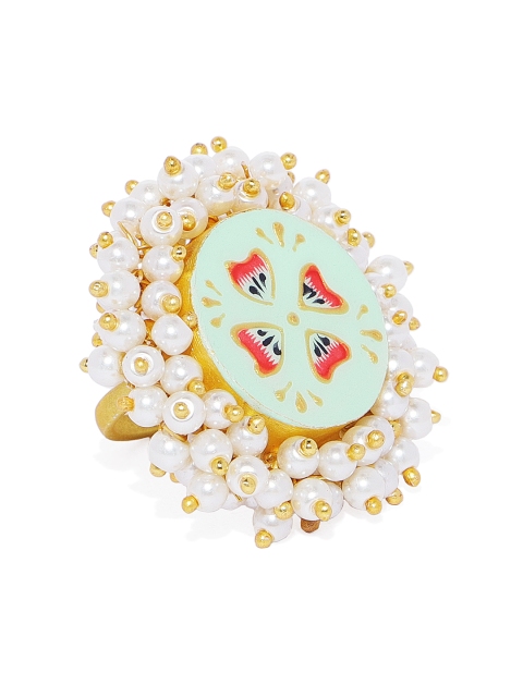 

Peora Women Gold-Plated & Sea Green Enamel Meenakari Adjustable Finger Ring
