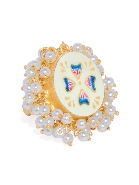 

Peora Women Gold-Plated & Cream Coloured Enamel Meenakari Adjustable Finger Ring
