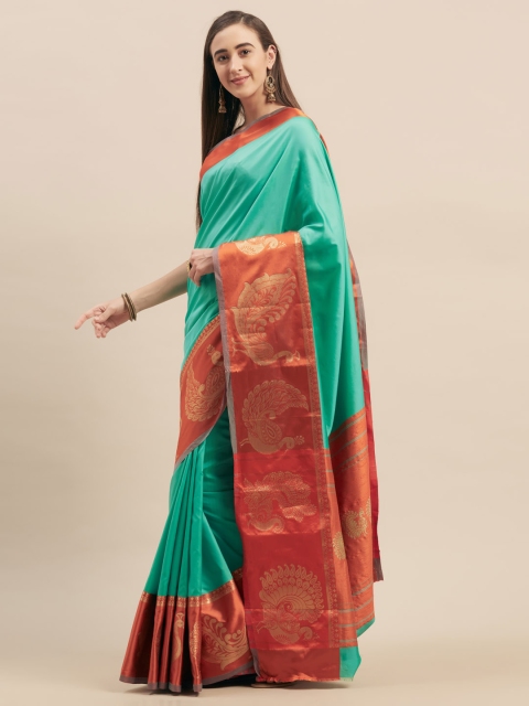 

Stylee LIFESTYLE Green & Rust Orange Art Silk Colourblocked Saree