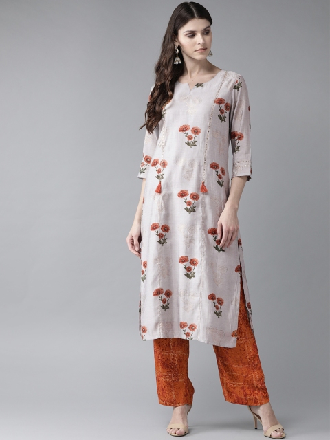 

Shree Women Grey & Rust Orange Printed Kurta with Palazzos