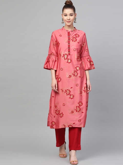 

Shree Women Coral Pink & Maroon Printed Kurta with Trousers