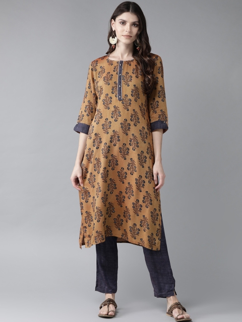 

Shree Women Mustard Brown & Navy Blue Printed Kurta with Trousers