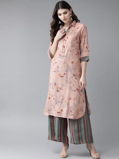 

Shree Women Peach-Coloured & Green Printed Kurta with Palazzos