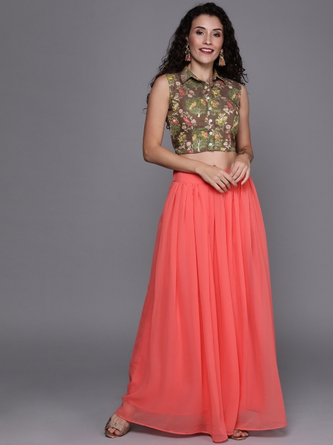 

EthnoVogue Coral Pink & Brown Woven Design Made to Measure Lehenga with Blouse