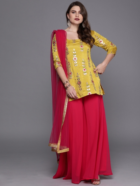 

Bollywood Vogue Women Yellow & Pink Embroidered Made To Measure Kurta Set