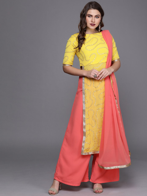 

EthnoVogue Women Yellow & Peach-Coloured Made to Measure Embroidered Kurta Set