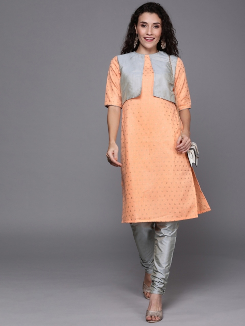 

EthnoVogue Women Peach-Coloured & Grey Made to Measure Printed Kurta with Churidar