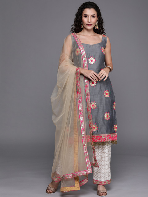 

Bollywood Vogue Women Grey & Beige Made to Measure Embellished Kurta Set