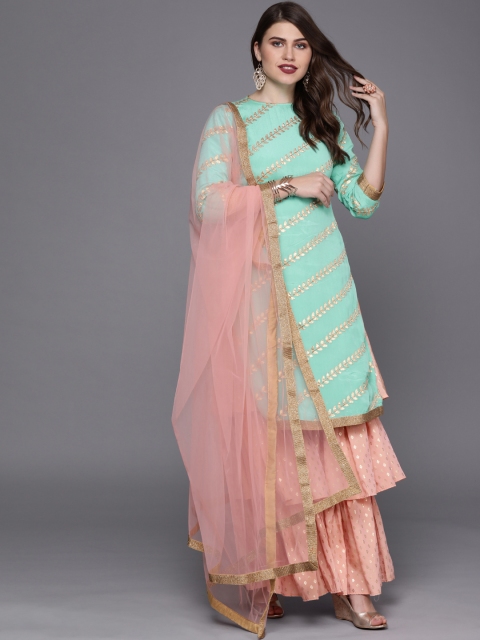 

EthnoVogue Women Green & Peach-Coloured Embroidered Made To Measure Kurta Set