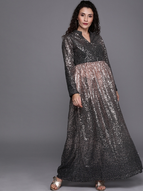 

EthnoVogue Women Black & Grey Sequinned Made To Measure Kurta with Salwar