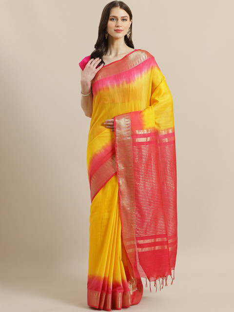 

swatika Yellow & Pink Solid Handloom Zari Bhagalpuri Saree