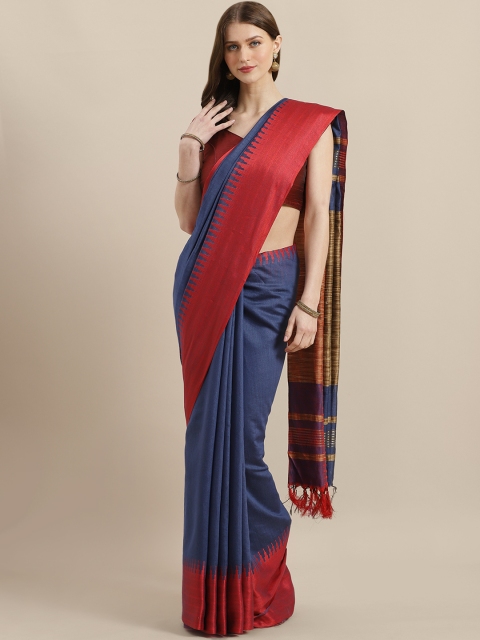 

swatika Navy Blue & Red Solid Bhagalpuri Handloom Saree