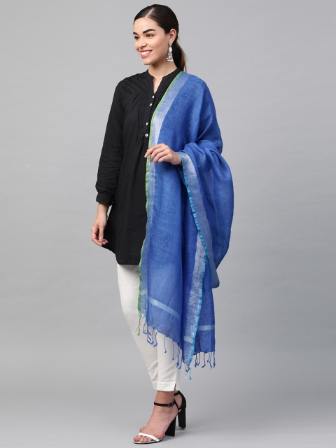 

swatika Blue Handloom Bhagalpuri Linen Solid Dupatta
