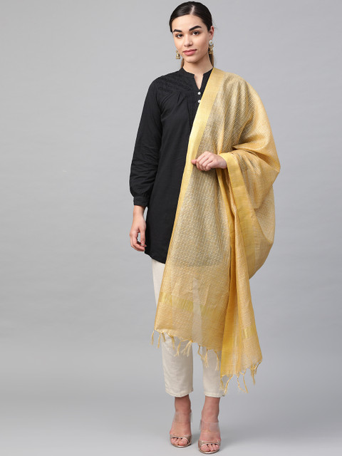 

swatika Golden Bhagalpuri Handloom Self-Checked Dupatta, Gold