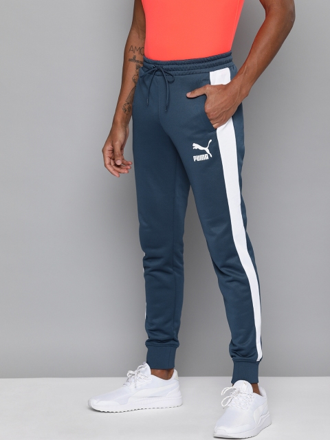 Men Navy Blue Straight Fit Iconic T7 Solid Joggers with Side Stripes