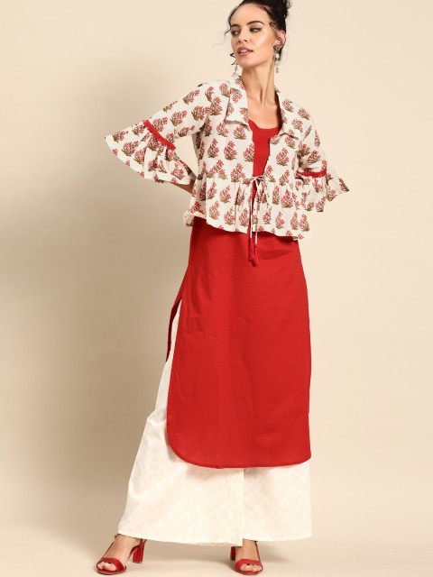Nayo Women Red & Off-White Printed Straight Layered Fusion Kurta With Ethnic Jacket