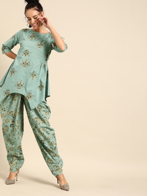 

Nayo Women Green & Teal Blue Printed Kurta with Dhoti Pants