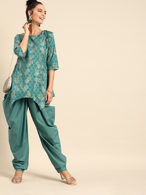 

Nayo Women Teal Green & Gold-Toned Printed Kurta with Dhoti Pants