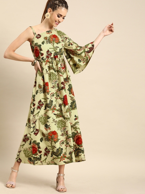

Nayo Women Beige & Green Printed Fit and Flare Dress