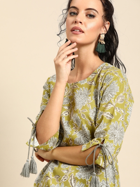 

Nayo Women Green & Grey Floral Printed Straight Kurta With Slit Sleeves
