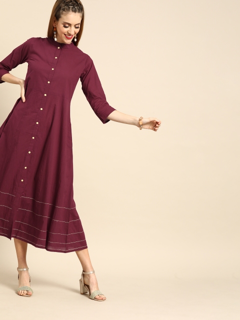

Nayo Women Burgundy Solid Fit and Flare Dress With Gathered & Thread Detail