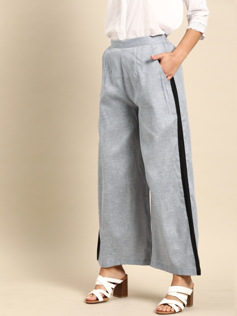 

Nayo Women Grey Self Design Wide Leg Palazzos With Side Stripe Detail
